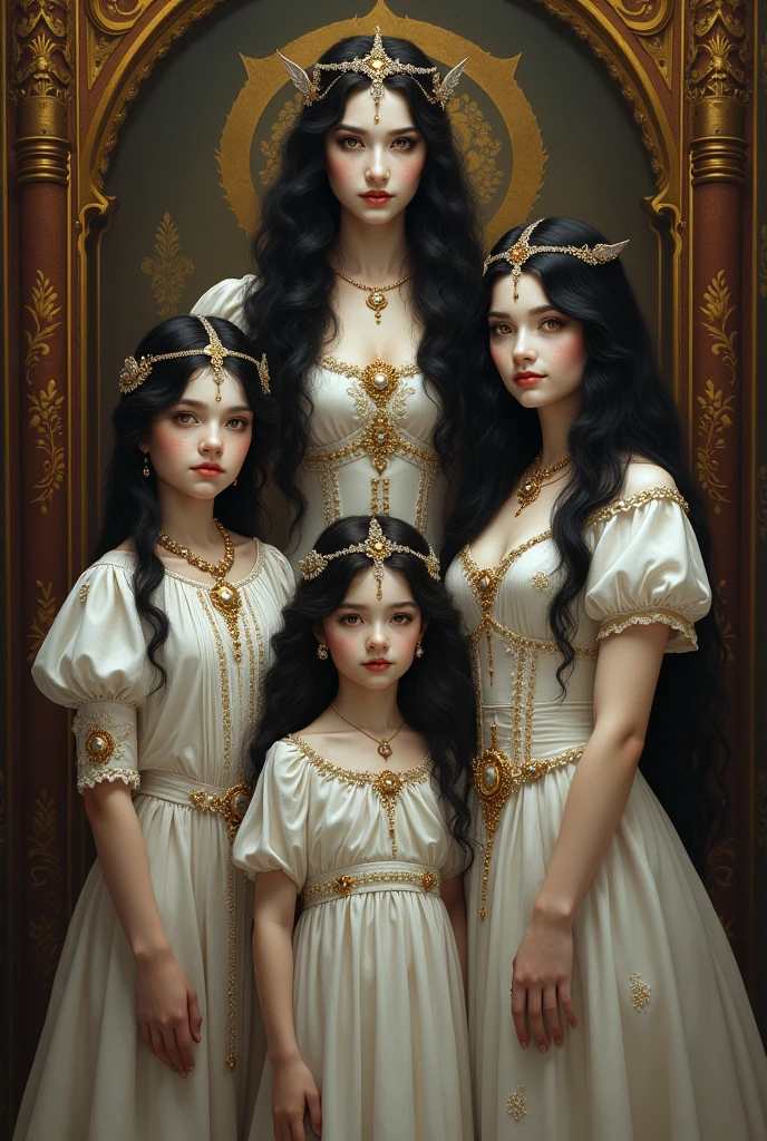 Lilith and Lucifer with their daughters , Hecate blonde with brown eyes and Artemis 5 , mixed race with brown eyes and short curly hair aged 6
