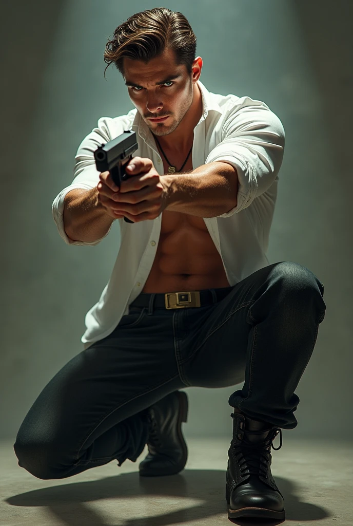 Sexy man dressed as a police officer kneeling and tied up shirtless 