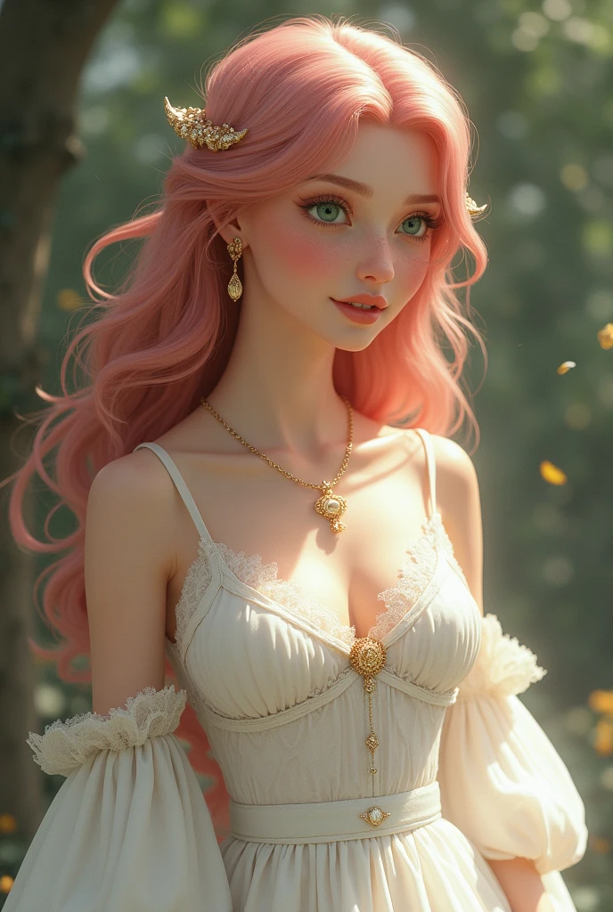 Beautiful lady, with cascading, long golden hair, in an enchanting garden, surrounded by vibrant flowers and fluttering butterflies, illuminated by the soft, dappled sunlight of a summer's day, drawing influence from John William Waterhouse's romanticism, Pre-Raphaelite with a contemporary twist, captured using acrylic oil painting techniques, portrait, ethereal shades of gold, pastel pinks, and lush greens, blending classical elements with a touch of modern elegance, evoking a sense of natural beauty and timeless allure