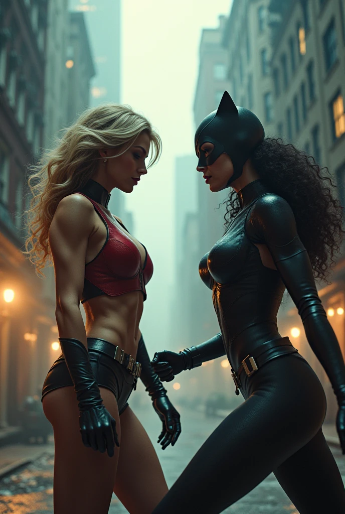 (photorealism:1.2), score_9, score_8_up, score_7_up, score_6_up, 2girls, Supergirl and Batgirl, sitting together, wearing skimpy revealing versions of their costumes, smiling seductively, city rooftop, night, cinematic lighting.