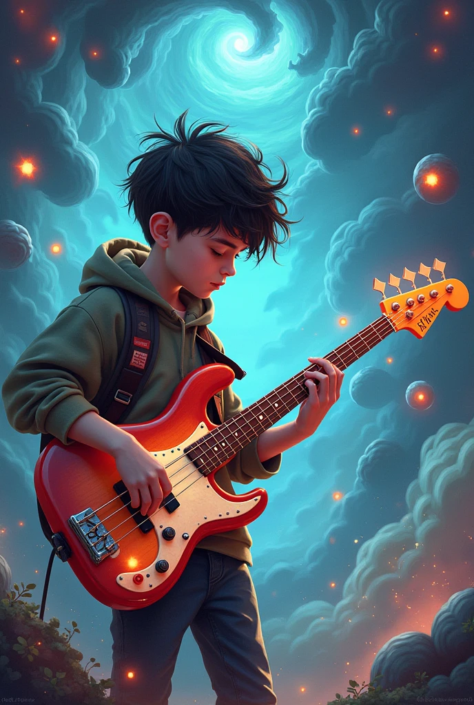 super high image quality, Shining starry sky, A magnificent sight of shooting stars crossing by, A boy sits on a stone under the stars, Playing Yamaha FG830 guitar, The boy looks very small against the background of the magnificent starry sky and shooting stars. --auto