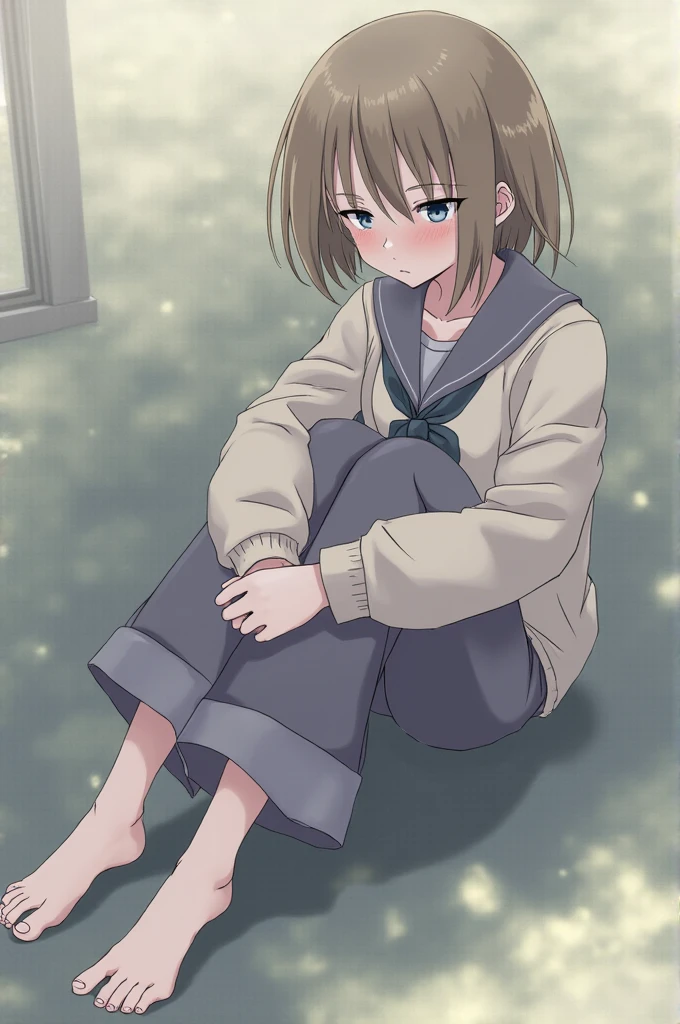 (((tmasterpiece))), 4K 分辨率, highly detailed, A sick little girl,brown hair,in school uniform,The barefoot,sat on the ground,The background is school