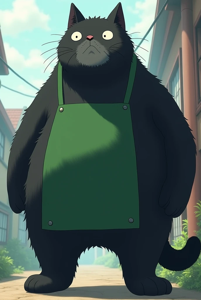 , a very large black cat walking on 2 legs wearing a green apron、The inside of the body and around the mouth are gray 、 anime style、Ears are short