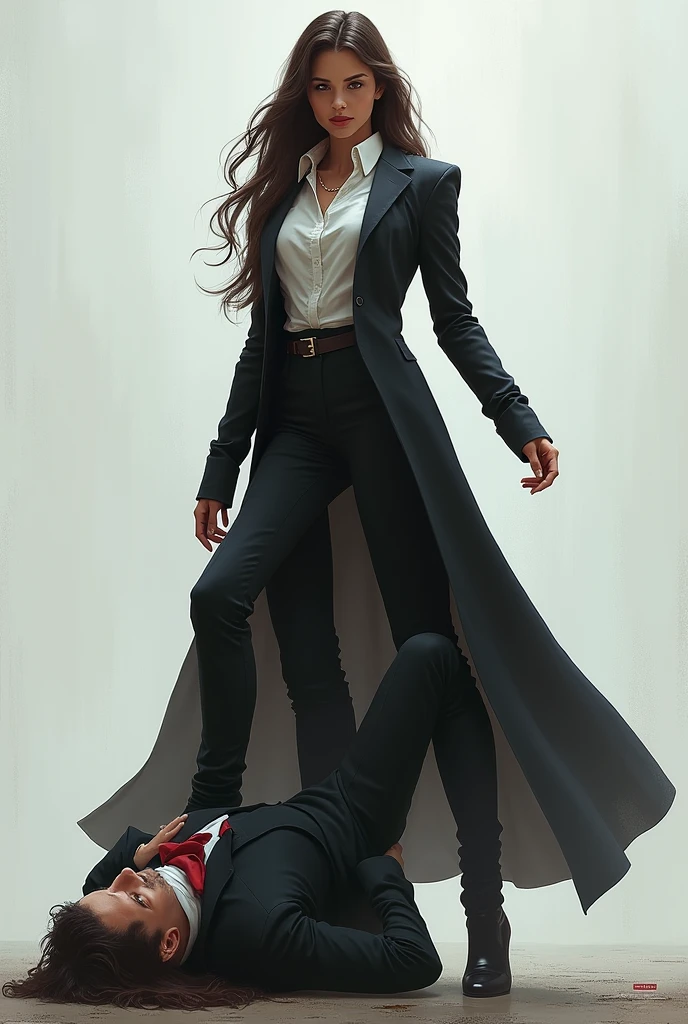 Dominant woman stepping on a man's chest