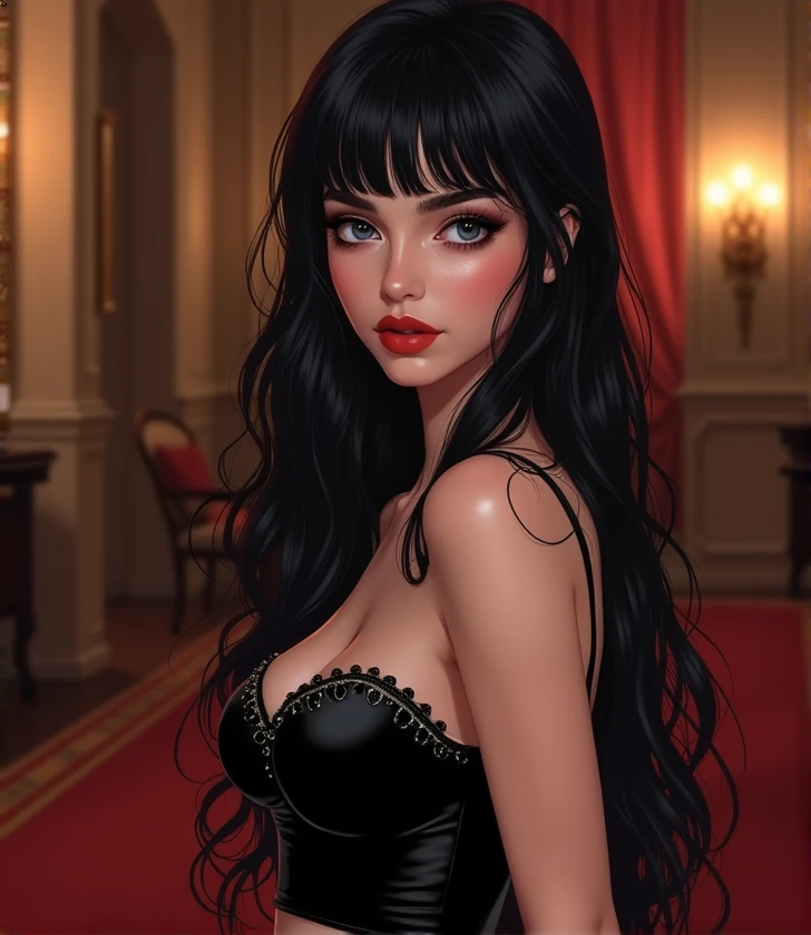 Mafia girl portrait with longhair sitting in the chair with killer eye and red lips semi animated pict