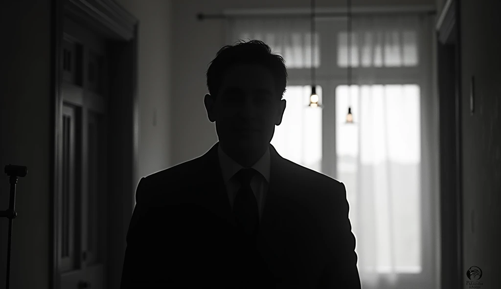 A final scene with a silhouette of the Man with the Smile in the background ,  watching the viewer as if he were on the other side of the screen.black white 