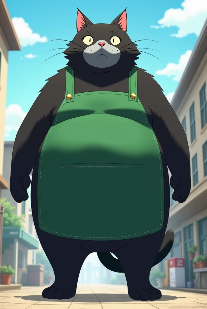 , a very large black cat walking on 2 legs wearing a green apron、The inside of the body and around the mouth are gray 、 anime style、Small ears