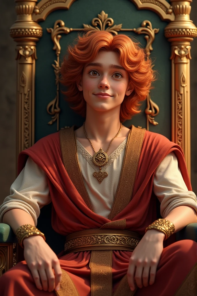 Make me a 20 years old version of king Salamon with ginger hair and deep brown eyes. Smiling and sitting on his throne. Symbol of wisdom