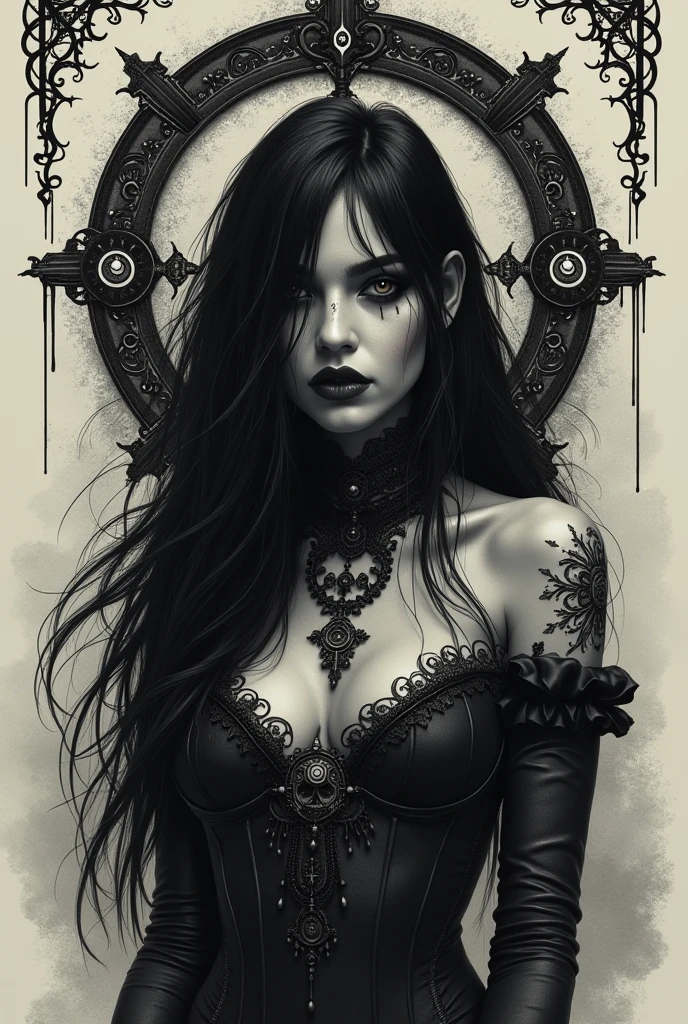 death metal style art design, hyperrealistic and hyperdetailed, overly ornate design, sexy style picture, dynamic art and hyperdetailed and hyperrealistic background, long flowing hair with, gothic elaborate design, dynamic angle