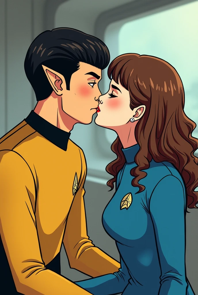 A full body digital illustration of Spock and captain Kirk handsome and young  from Star Trek in dhr1v4ls art style. He's in a dramatic pose, with a simple and vibrant space,slim body.An anime-style illustration featuring Spock and Captain Kirk from Star Trek, designed with fine and delicate linework to closely resemble their original characters in their mid-twenties. Spock, with sleek black hair neatly combed, sharp angled eyebrows, and pointed ears, exudes a calm and stoic presence. He wears a dark futuristic uniform with minimalistic details and is slightly taller than Kirk, emphasizing his composed and reserved demeanor. Captain Kirk, warm green eyes, and a confident smile, wears his iconic golden uniform with subtle futuristic accents. The two are in an affectionate pose, standing close together, with Kirk placing a reassuring hand on Spock's chest while gazing at him warmly. Spock looks at Kirk with a soft, introspective expression. The background features a serene twilight sky with glowing stars and delicate flowers, enhancing the romantic and tranquil atmosphere. The colors are vibrant and emotionally warm, highlighting their iconic connection."Résolution Haute, Œuvre d'art, 