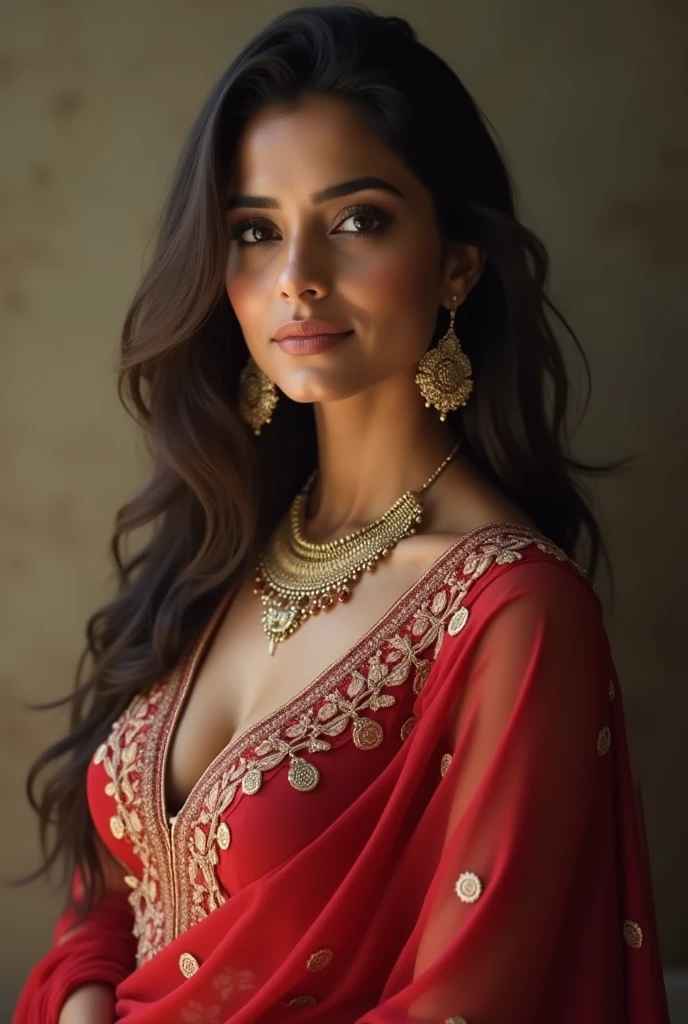(photorealistic:1.37),indian women,sexy warrior,sword in hand,detailed eyes,detailed lips,long black hair,golden jewelry,flowing fabrics,navel,sexy top wear,vibrant colors,ornate headpiece,ornamental hilt,confident expression,graceful pose,beautiful backdrop,warrior princess
