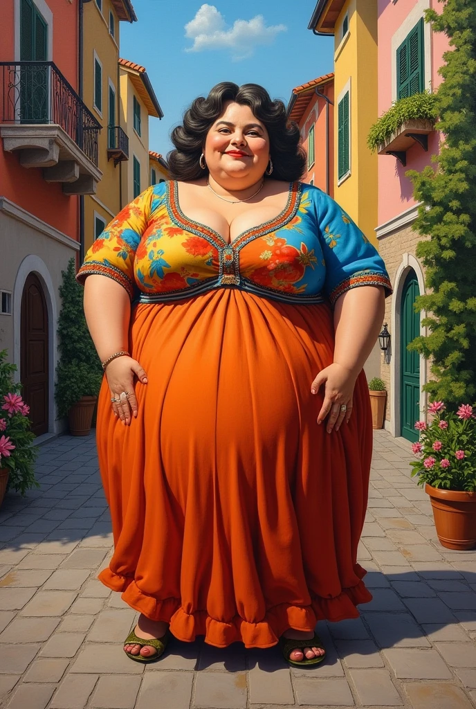 1 girl, morbidly obese seductive Spanish woman, red lips, long hair, (summer dress), (double chin), overweight, (bloated belly), big breasts, make-up, exotic island, walking