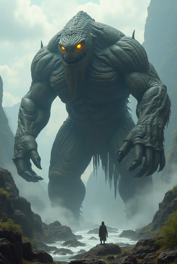 Arafed Troll with a large stone in his hand, gollum as a titan, big titan creature in the center, Um Orc, menacing orc, realistic fantasy rendering, Marmoset Toolbag renderizado, very large, Orc, monstro de fantasia hiper realista, Erebos's Titan, marmoset toolbag render, ogro, in game capture 3d render