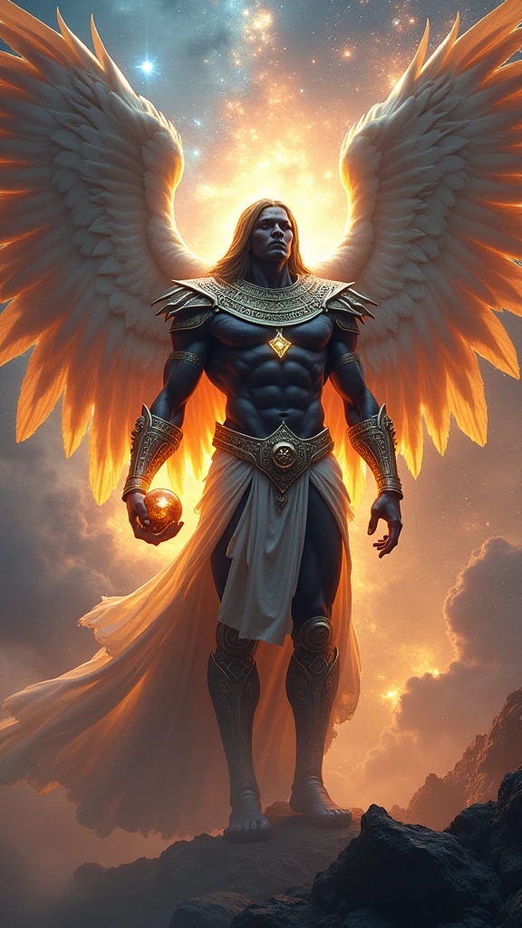 (masterpiece) create a ultra realistic Portrait of a strong and handsome male winged god. The god should have a confident and powerful expression on his face, with piercing eyes that convey his strength and wisdom. His hair should be long and flowing, and his skin should be smooth and flawless.As for clothing, the god should be adorned in regal and luxurious greek like garments, perhaps with a long flowing cape that billows behind him in the wind. He should be carrying a weapon of some sort, perhaps a sword of light or a spear of fire, to signify his strength and power. The overall mood of the image should be one of awe and reverence, with the god depicted in a majestic and god-like manner. The background of the image should be epic and grand, perhaps with clouds or mountains in the distance to further emphasize the god's divine stature. The final image should be awe-inspiring and leave the viewer in no doubt of the god's power and majesty. 3d render, octane render, cinematic, trending on artstation | Isometric | Centered hipereallistic cover  photo awesome full color, ,  hand drawn, dark, gritty, realistic  mucha, klimt, erte .12k,  intricate. hight definition , cinematic,Rough sketch, mix of bold dark lines and loose lines, bold lines, on paper , full body with silky dress, humanoid, Full body