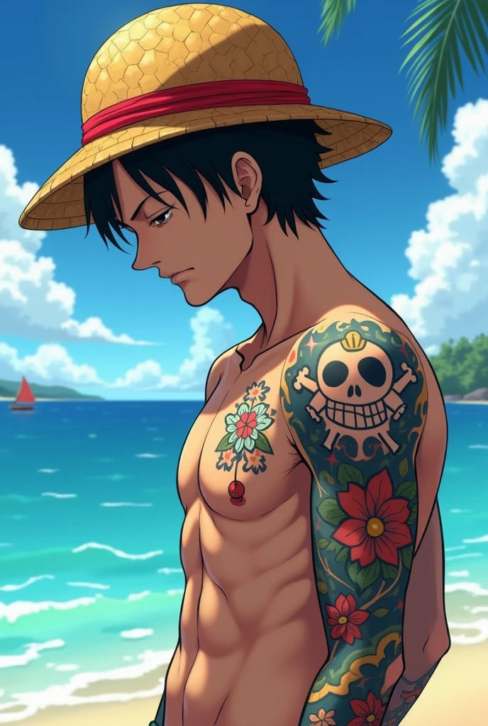 Ultra detailed, HDR, Highres, absurdres, master piece, Portgas D. Ace, black hair, expressive brown eyes eyes, orange hat, One Piece, red glittering butterflies, petals, fantasy, red flowers, sexy man, solo, handsome, glittering, toned chest, red background, neckle, bare chest, tattoo, cross, magical, fire, very detailed eyes and face, best quality