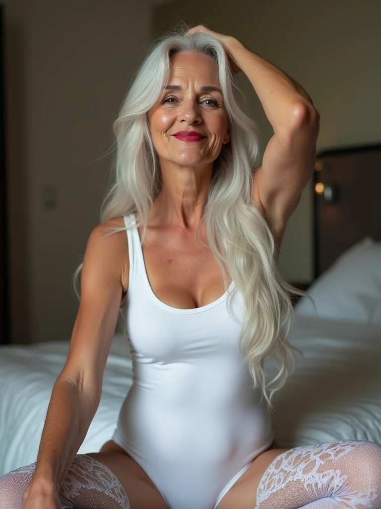 night, soft lights, old women Sixty years old, red lips, long-long white and pink curly hair, she smiling, posing on huge night balcony, she weared red bodysuit, she's posing her back, showing her back and to the viewer, showing her fit buffy sport ass jaw-dropping older beauty, jaw dropping mature older beauty, old face and body with wrinkles, old face, attractive grandma, a gorgeous old silver hair, beautiful old grandma, lovely older mature grandma, gorgeous beautiful grandma over 80 years old, beautiful silver hair grandma, beautiful detailed body and face, a beautiful old grany, bright red bodysuit on her
