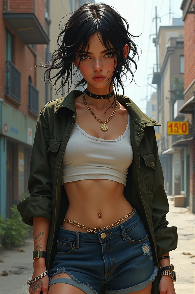mulher de 30 anos, cabelos castanhos preso em coque, peitos enormes, camiseta branca com marcas de queimadura e fuligem, ripped jeans with burn marks and soot, fuligem sobre todo o corpo, in front of a building on fire and a lot of smoke coming out, panoramic shot