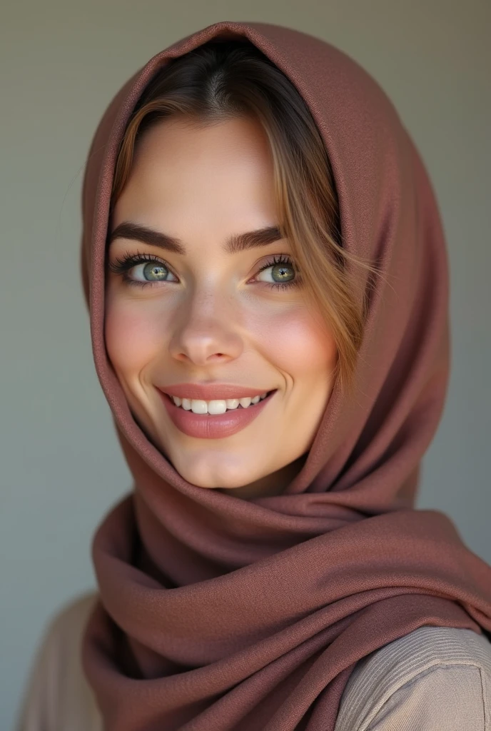 A women in hijab
With beautiful smile on face
Dimple on right cheek
Soft features
Hazel Brown eyes