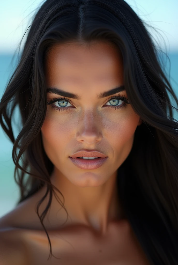 Woman with black hair and blue eyes with transparent bikini 