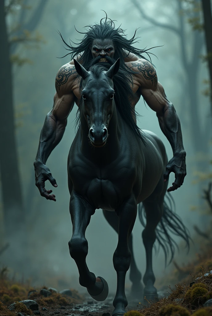 a Centaur, black, Dreadlocks, Toned Muscles, Hold a long spear with hands, expensive, full house, Cool silhouette, superhuman power, Strong Will, Impact with flame spark, shock wave, dark background,
