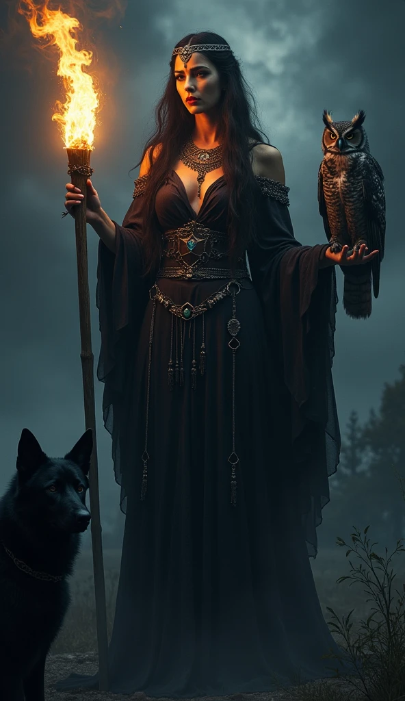 Goddess Hekate sombria,  high definition, torch, black dog, owl