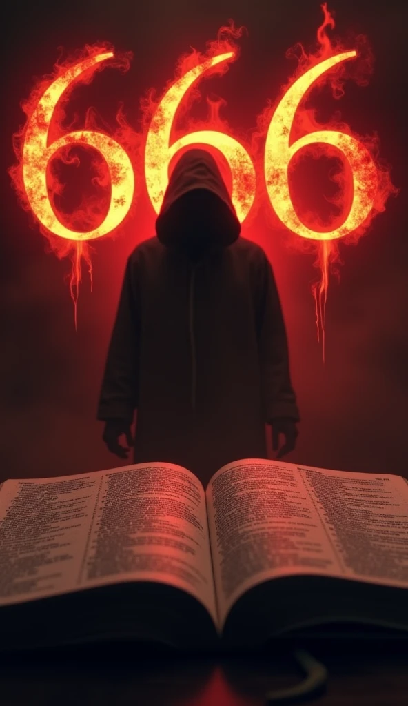 Create an open Bible image with the number 666 in fiery red on the background with a mysterious figure on the dark background 