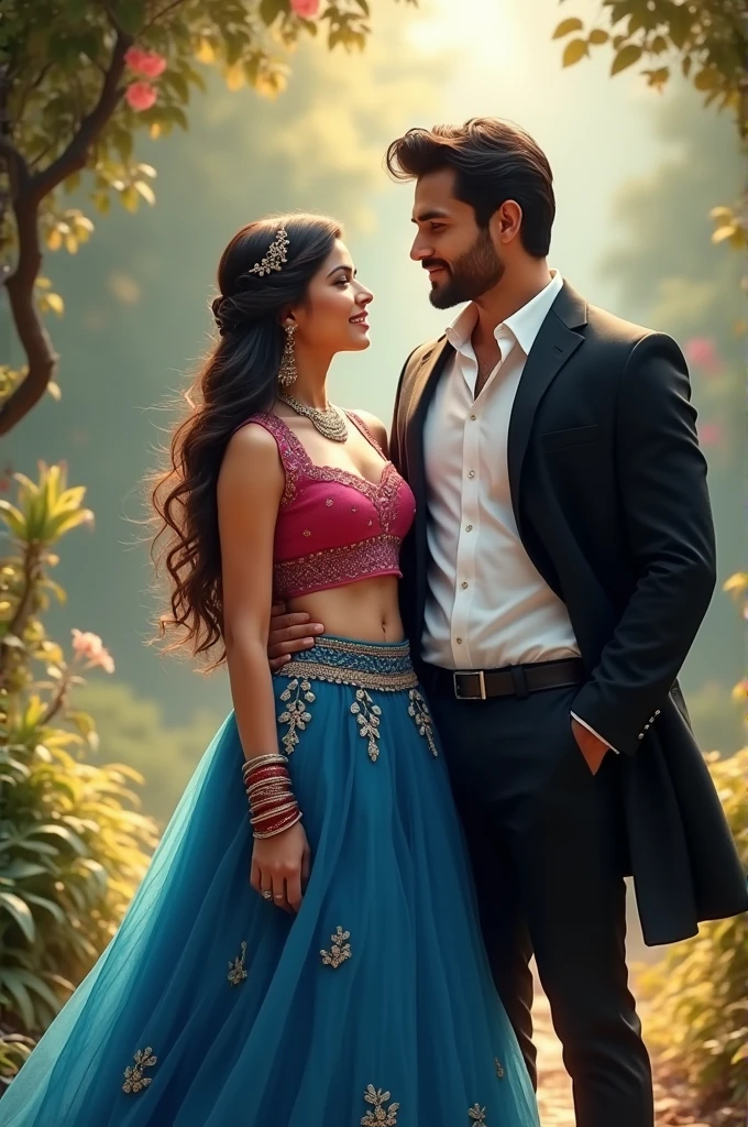 Realistic full body shot of a couple: The woman is a 26-year-old curvaceous beauty with an asymmetrical face akin to Kareena Kapoor's, adorned in a stunning lehanga and blouse. Her ample cleavage is accentuated by the low-cut neckline of her attire, and she wears a delicate earring that adds a touch of elegance to her appearance. Her partner is a tall, handsome man, standing beside her with a charming smile. The scene takes place in a lively lawn party setting under the cover of night. The woman's full lips are glossy and inviting, and her face is free of blem