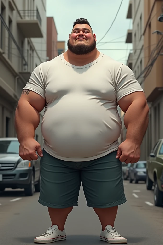 chubby old man in street city, old man, thick arm, huge arm, bearded. white hair and beard, bearded, muscular, pectoral, wide pectoral, beach, palm, realistic, 8k, masterpiece, (wearing shorts and shirtless, shoes)