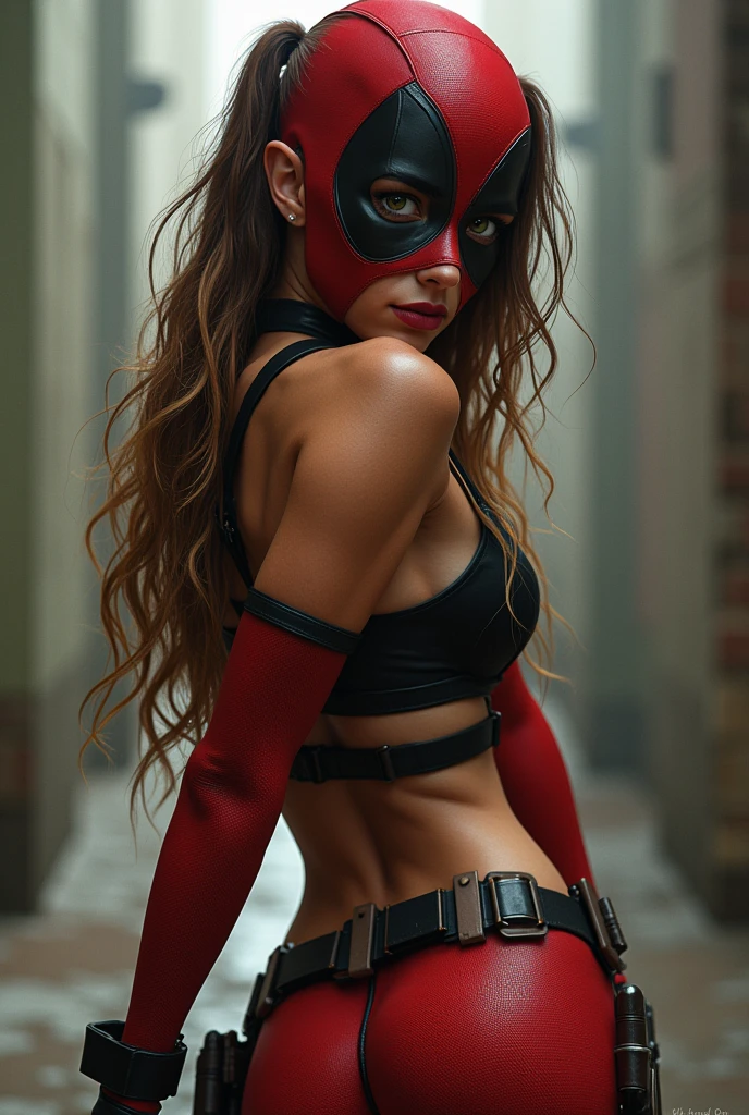 absurdres, RAW photo, highest quality, (masterpiece: 1.3), professional photo, CG 8k wallpaper unit extremely detailed, photo-realistic, realistic, RAW photo, masterpiece, best quality, highres,
1girl, 19 YEARS OLD, white, blonde hair, wavy, Average length, ponytail, athletic body, thin legs, perfect gorgeous face, beautiful light brown realistic eyes, fair skin, detailed skin texture, very small natural breasts. Serious, focused. Silhouette in the shadows. Face in the shadows. He carries katana around his waist. (Red closed sweatshirt with raised hood, red leggings, boots, gloves, dirty and old clothes, red ninja mask. realistic design). Corridor dark, gloomy, terrifying, at night. Abandoned house. Air of menace.