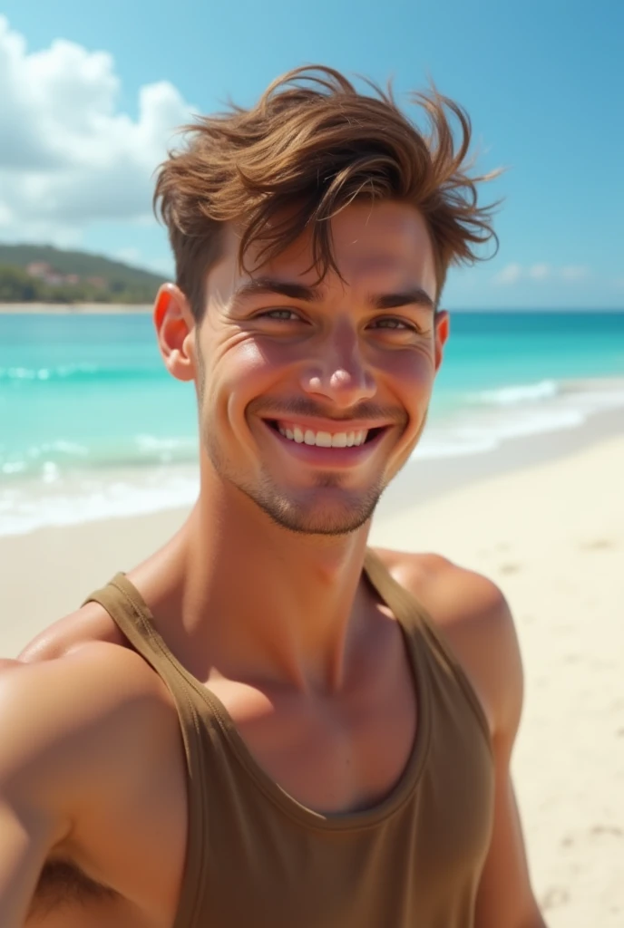 Make a picture of Tom Holland lying on the beach face up and smiling and naked make it realistic 