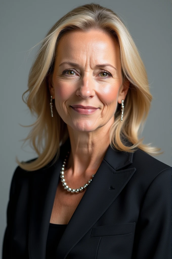 Image of a woman who is a 60-year-old mayor, blonde with long hair, with medium texture, Brown eyes, medium ears, Wide nose, arched and marked eyebrows, fine lips, with a band of the flag of the municipality of Cabimas, Zulia state, Venezuela