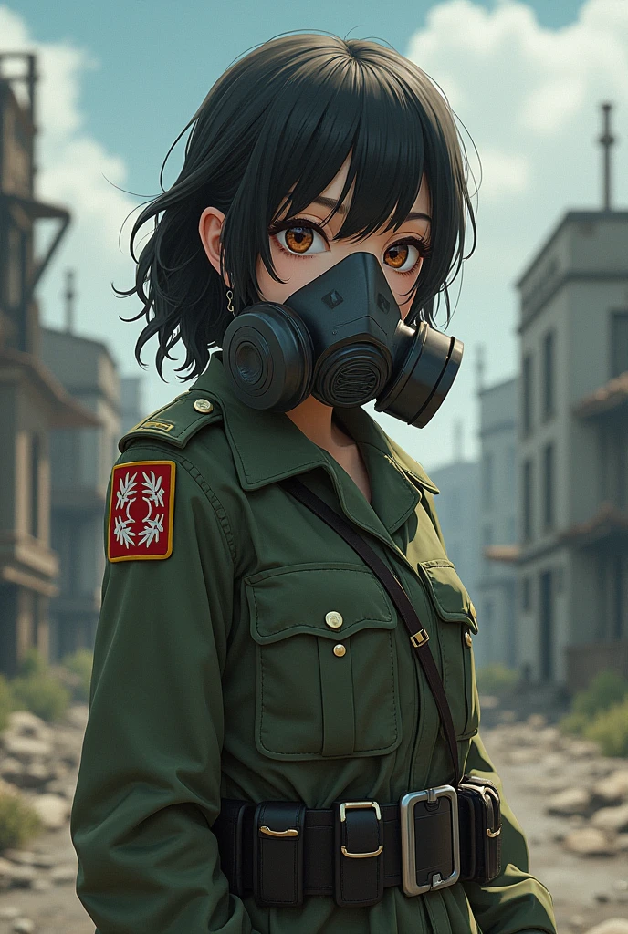 A girl wearing a gas mask and wearing a military uniform, with an anime style 