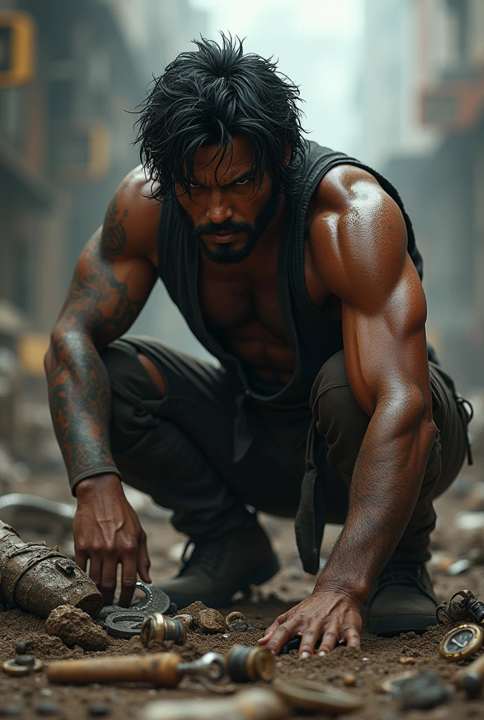 A tall man, handsome, elegant, well-built, with tattoos, grey eyes, black hair, splattered nose, Cold look