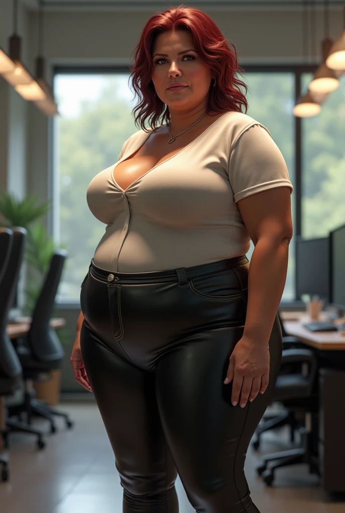 An happy and excited photo of a Beautiful ginger architect BBW, with long wavy light Brownish-ginger hair, with big soft fat belly, thicc fat arms, thicc wide legs, big breast, in black pants, long black shirt tucked in her pants, black belt and black blouse in her new modern architect office with a lot of building models and house blueprints