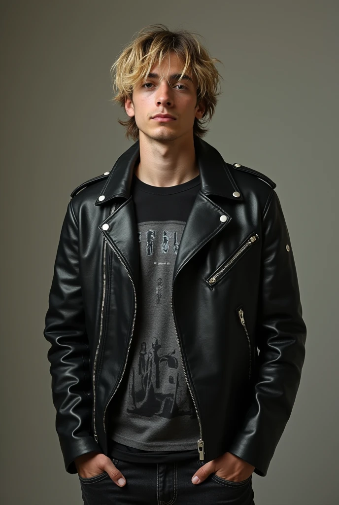 Photograph of a boy, with a confident expression and a cool style of "bad boy". He has long brown hair, smooth and messy that falls to the shoulders. His eyes are an intense, piercing blue, giving him a mysterious look. He wears a worn black leather jacket, a white t-shirt underneath, dark ripped jeans and black combat boots.