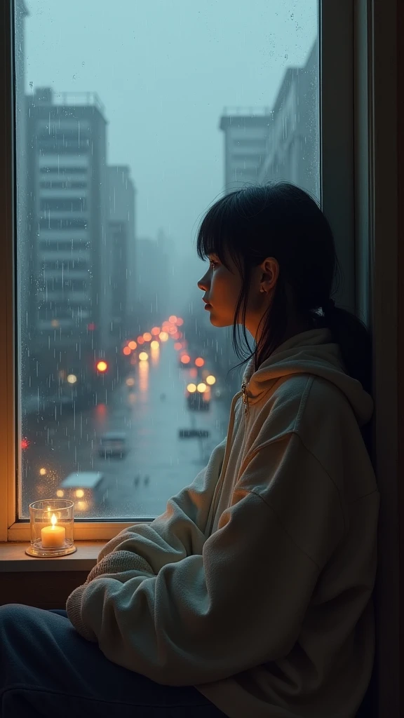 a lofi girl sitting in a rainy winter landscape, looking out of a window, rainy day, gloomy january, raining outside, rainstorm, flood, cityscape in the distance, warm indoor lighting, soft natural tones, digital painting, detailed portrait, detailed facial features, delicate expression, atmospheric, cinematic