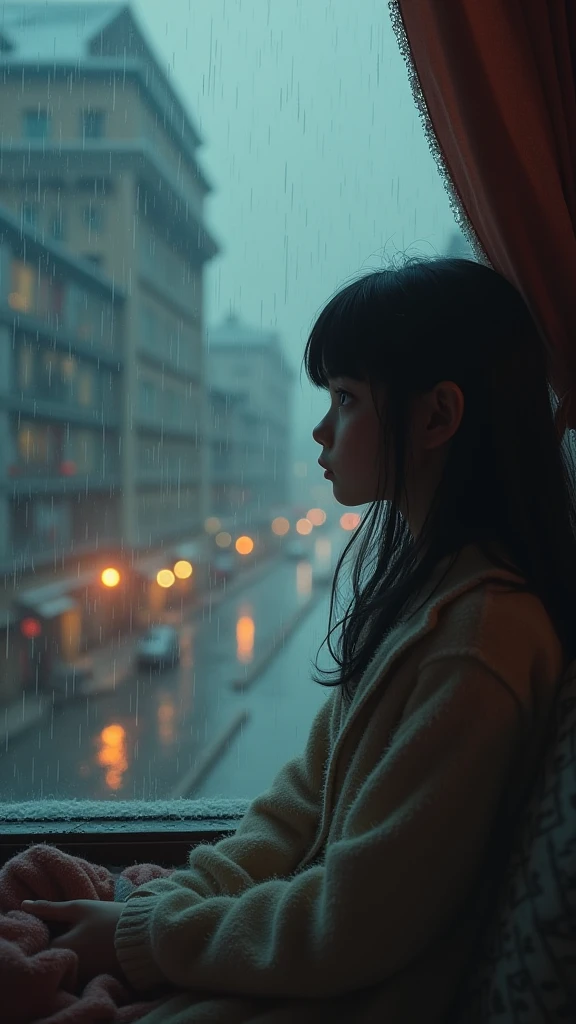 a lofi girl sitting in a rainy winter landscape, looking out of a window, rainy day, gloomy january, raining outside, rainstorm, flood, cityscape in the distance, warm indoor lighting, soft natural tones, digital painting, detailed portrait, detailed facial features, delicate expression, atmospheric, cinematic