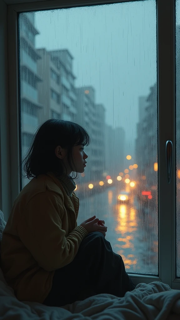 a lofi girl sitting in a rainy winter landscape, looking out of a window, rainy day, gloomy january, raining outside, rainstorm, flood, cityscape in the distance, warm indoor lighting, soft natural tones, digital painting, detailed portrait, detailed facial features, delicate expression, atmospheric, cinematic