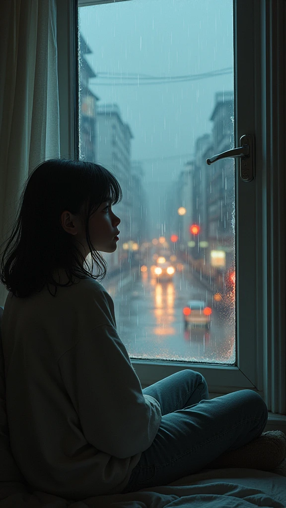 a lofi girl sitting in a rainy winter landscape, looking out of a window, rainy day, gloomy january, raining outside, rainstorm, flood, cityscape in the distance, warm indoor lighting, soft natural tones, digital painting, detailed portrait, detailed facial features, delicate expression, atmospheric, cinematic