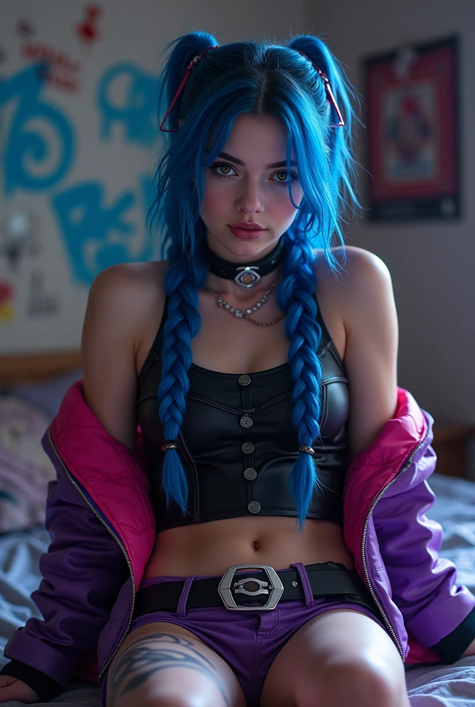 messy hair, blue hair, alternative, rockstar hairstyle and clothes, glam rock makeup, smile, blue lipstick, hotel room, blue unzipped hoodie, cropped hoodie, big breasts, bikini, bright colors, vivid colors, bright blue eyes, jewlery