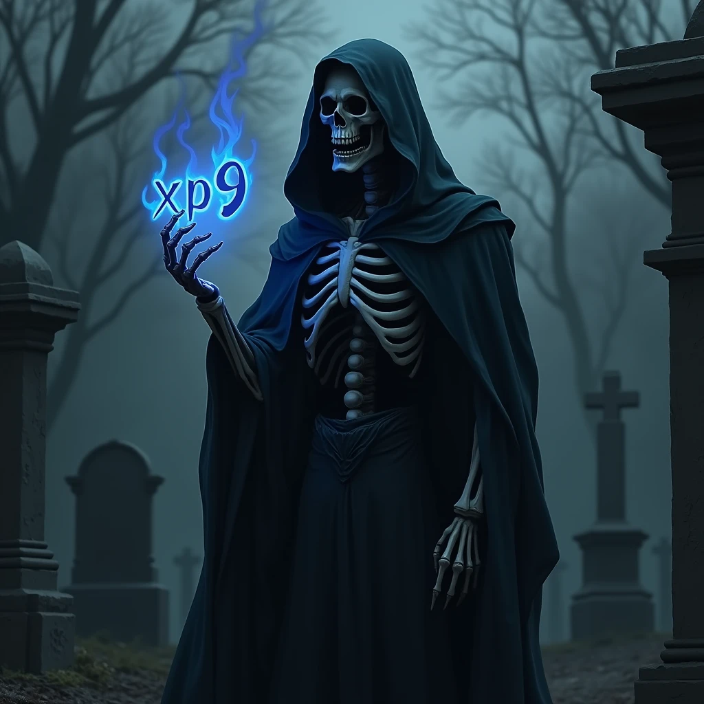 An evil skeleton with red eyes, with the letter Y and the number 7 of blue fire in the hands.
