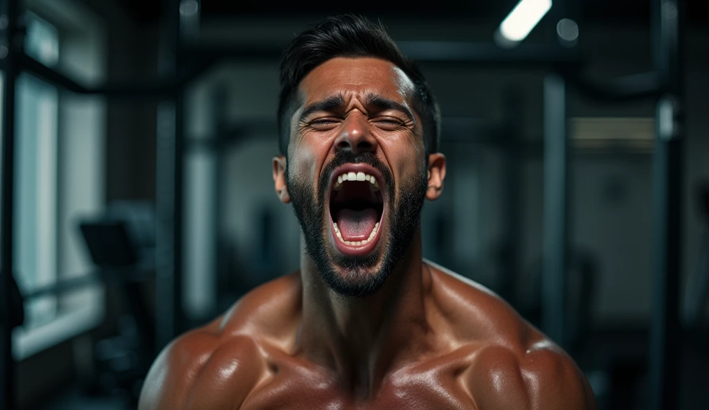 Male man screaming in pleasure. Expression of satisfaction and happiness 4K resolution captures every detail, from the texture of the dress's fabric to the delicate play of shadows and light on the skin. vivid, emotionally charged moment."