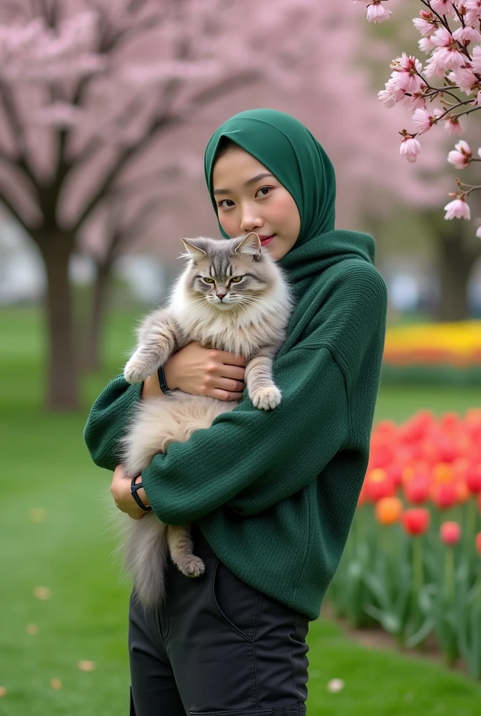 Beautiful white-skinned Korean woman, wearing a pink hijab, wearing a pink knit hoodie, black cargo pants, boots, holding a large Angora versia cat, wearing a watch, near a cherry tree, with a background of blooming tulips, green grass ,tulips, original photos, studio