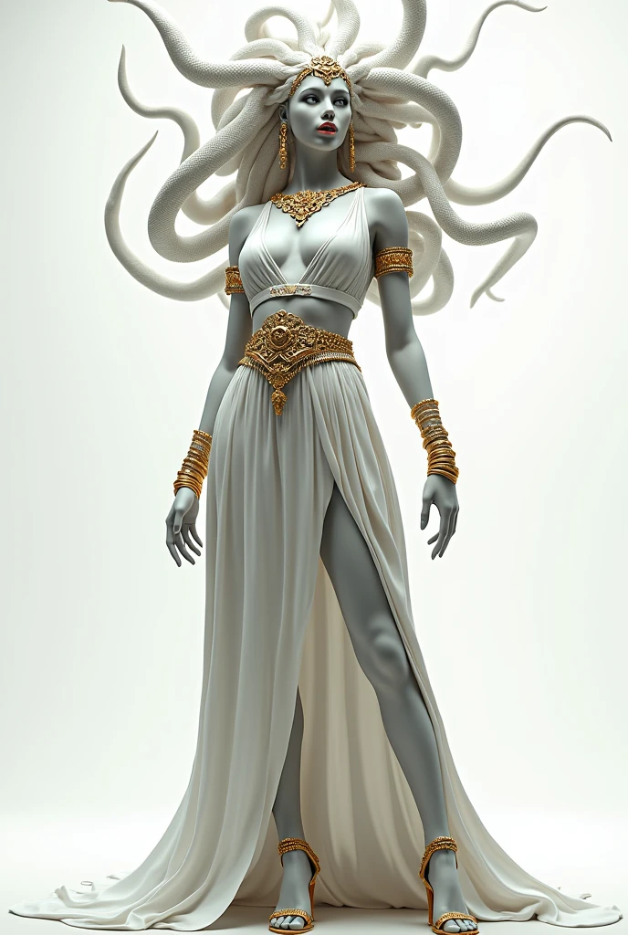 Medusa Greek mythology, (Ancient Greek dress:1.3), (gold and silver accessories, wide collar, bracelets, armlets, bangles, earrings, wide waist belt),
The hair of many snakes, image of a white snake all over, white skin covered with shiny scales, sky blue eyes, slightly open moist lips, small fangs, showing red tongue, thin waist, wide hips, curvy perfect body, ( simple background, white background), (standing with legs open, full body shot), view from below, side view, 
white snake image, BREAK "happy new year 2025" with gold text overlay,