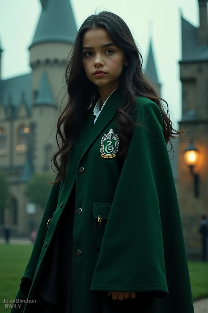 a girl with long hair, black, grey eyes, Harry Potter uniform from Slytherin and along with Harry Potter 