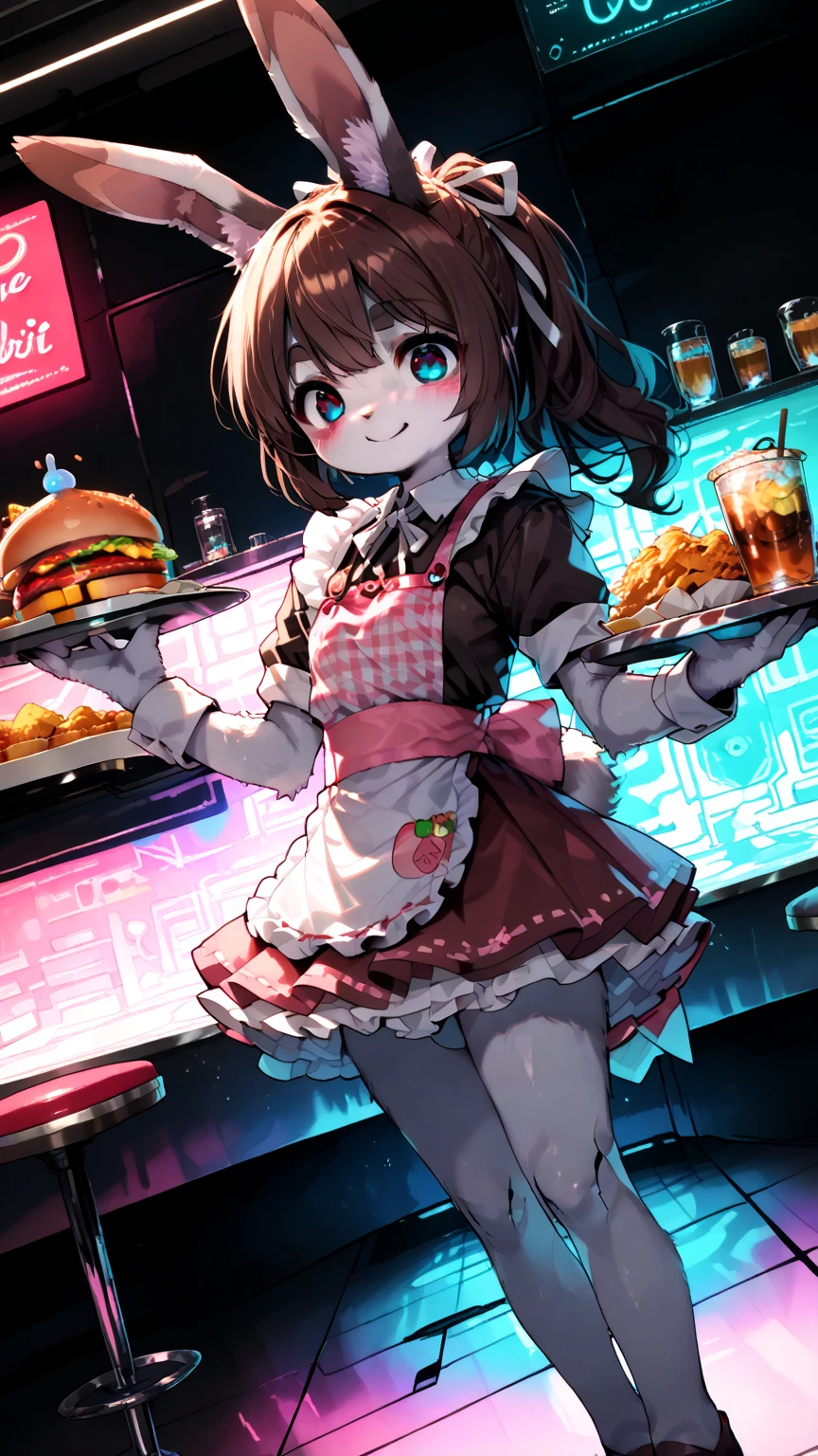 1girl,\((anthropomorphic rabbit, furry, kemono:1.3),(fluffy body), Virtual waitress, hologram waitress, white ribbon, apron, Attractive smile,cute smile, greeting viewer, holding tray, cheerful, cyborg style, cyborg, android,cute pose,dynamic pose,(dynamic action:1.4)\), background\(cute fastfood restaurant\(futuristic design, girly concept design, neon lights, digital menu, pink, blue, white, glass reflection, metal reflection, advanced technology\).(dynamic angle:1.3),dutch angle, masterpiece, best quality