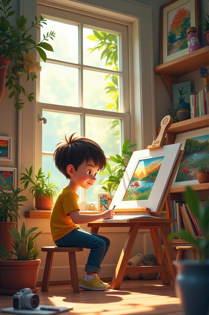 (digital painting),(best quality), boy sitting in a room, room full of plants, painting on wall, green light bulb, boy doodling on paper, low light, photography style, 8k ultra-realistic, pastel color scheme, soft lighting,  tranquil atmosphere, landscape orientation
