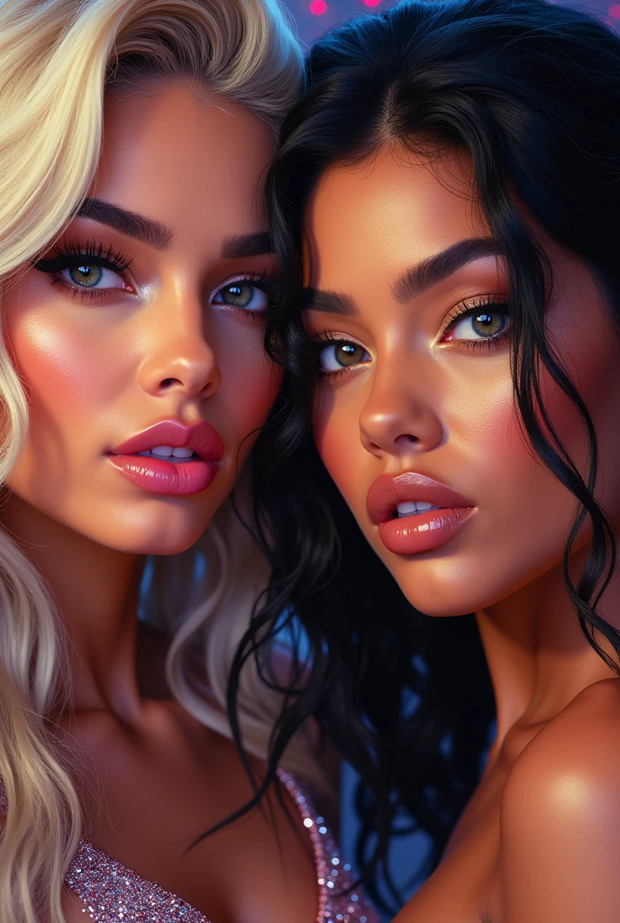 blonde woman with long hair and another brunette and a sexy oriental with a hot body plus a well-endowed African woman with her huge delicious breasts and her brownest and most attractive eyes
