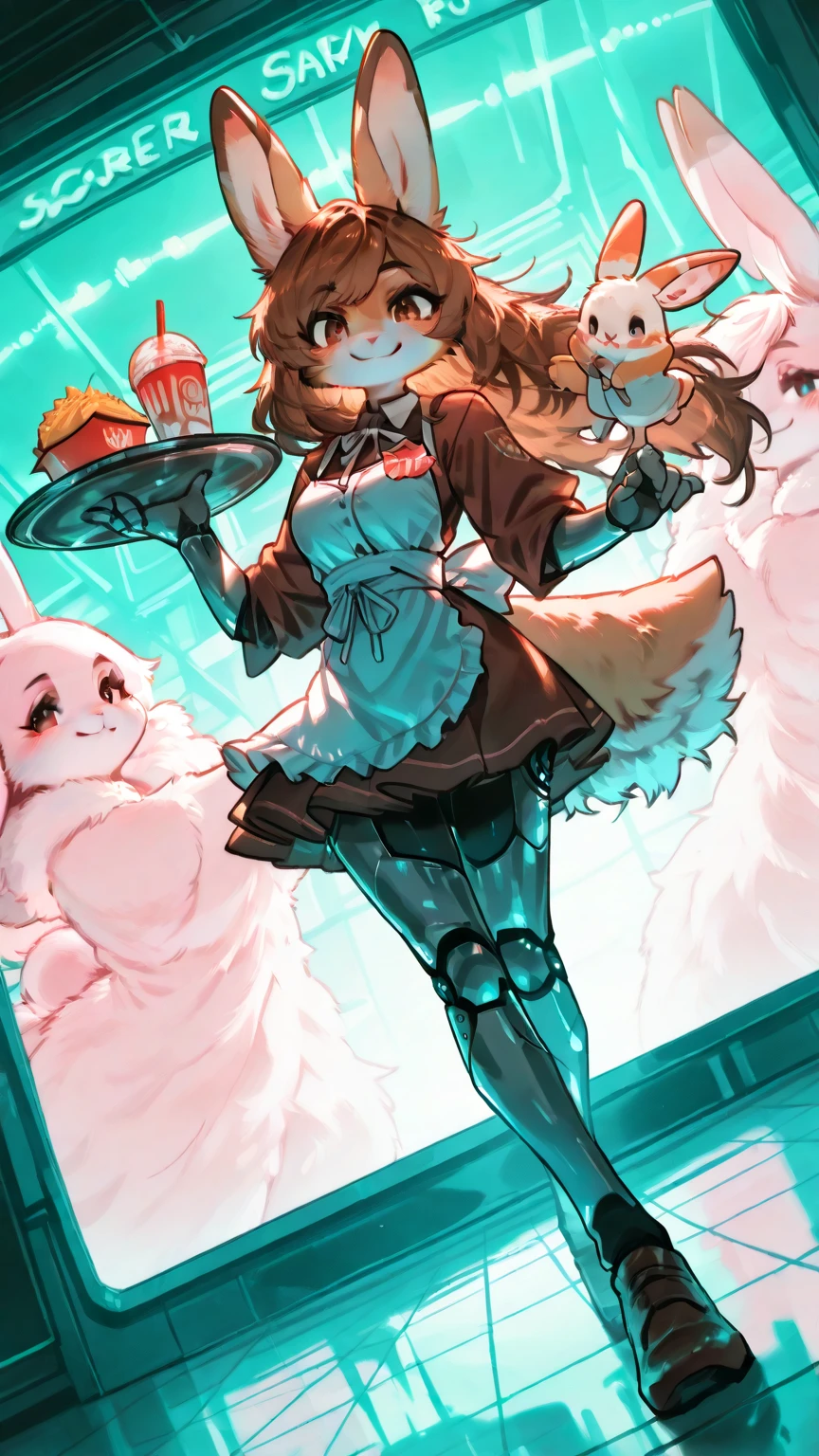 1girl,\((anthro, anthropomorphic rabbit, furry, kemono:1.3),(fluffy body), Virtual, holographic waitress, white ribbon apron, (Attractive smile:1.3),cute smile, greeting viewer, holding tray, cheerful, cyborg style, cyborg, android, cute pose, dynamic pose,(dynamic action:1.4),dynamic movement\), background\(cute fast food restaurant\(cute, futuristic design, neon lights, digital menu, pink, blue, white, glass reflection, metal reflection, advanced technology\).(dynamic angle:1.3),dutch angle, masterpiece, best quality