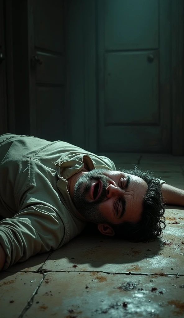 an old man laying on the floor, his head is cracked, blood, oil painting, reddish tones, chiaroscuro lighting, dramatic moody atmosphere, cinematic composition, masterpiece, ultra-detailed, photorealistic, 8k, best quality